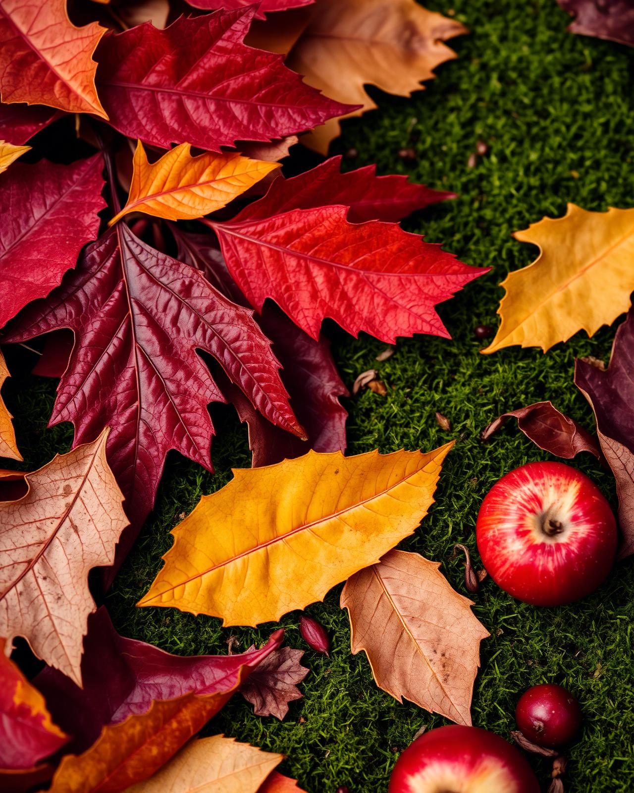 Close-up of autumn leaves and apples