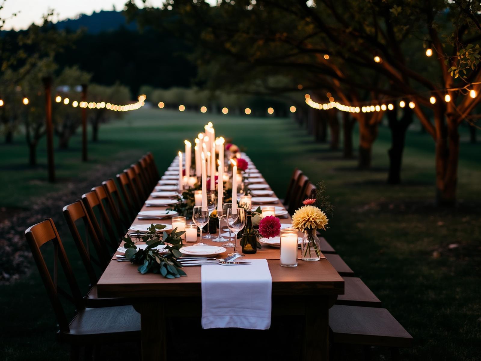 Long table set under string lights